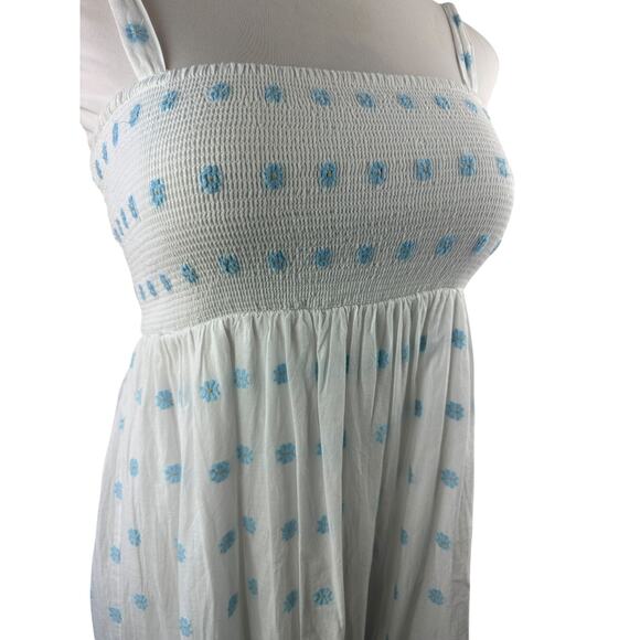 Zara Floral Embroidered Tiered Maxi Sundress Smocked White Blue Dress Size Large - Picture 5 of 16